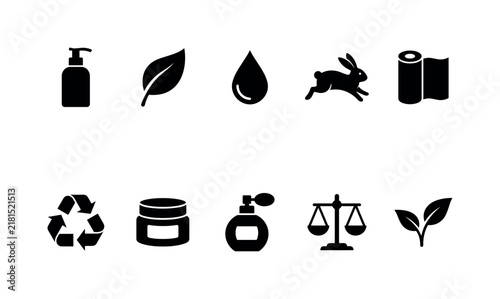 Organic Cosmetic Standards, solid glyph icon set featuring cosmetic bottle, leaf, water droplet, rabbit silhouette, fabric roll, recycle symbol, mineral jar, fragrance bottle, fair trade scale and