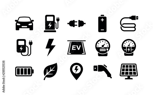 Electric Vehicle Charging, solid glyph icon set featuring electric car, charging station, plug, battery, lightning bolt, charging cable, home charger, parking bay, power meter, solar panel, leaf,