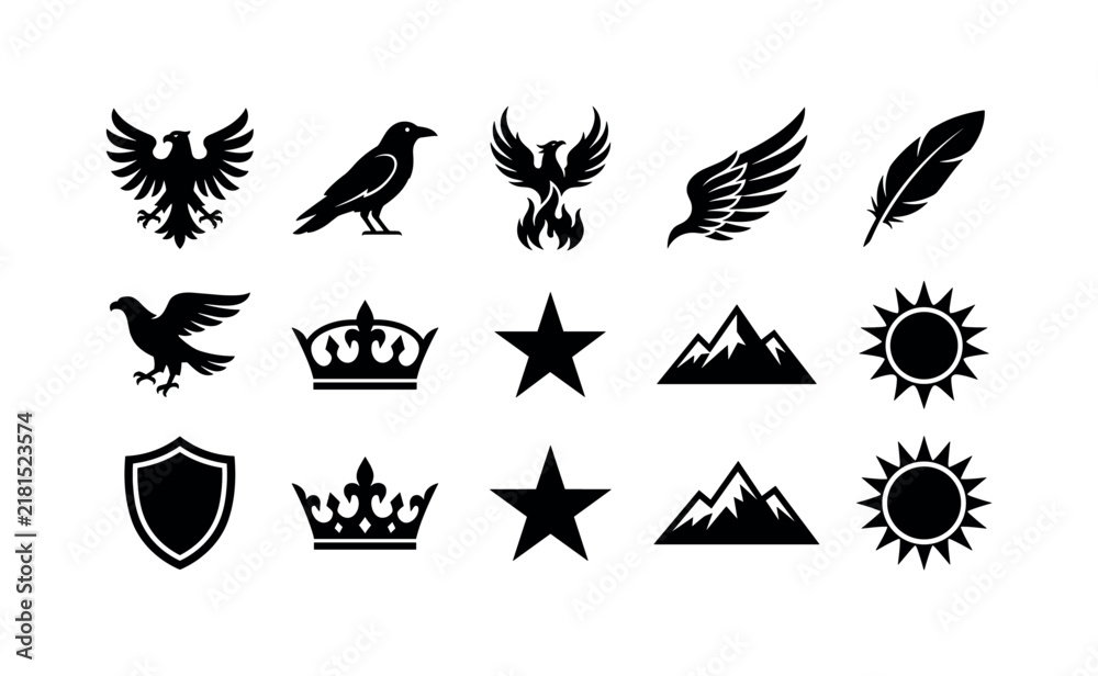 Obraz premium Heraldic Bird Collection, solid glyph icon set featuring eagle, raven, phoenix, wing, feather, shield, crown, star, mountain and sun, covering wildlife, freedom, heraldry, luxury business concepts,