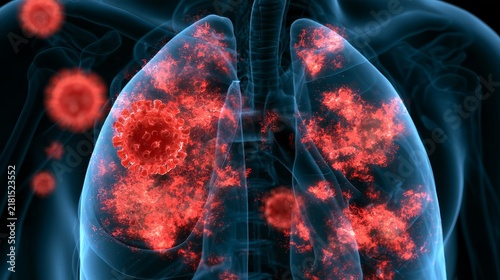 Red virus infection in human chest, medical illustration showing viral particles spreading through respiratory tissue, infectious disease concept, immune response, inflammation, healthcare, illness