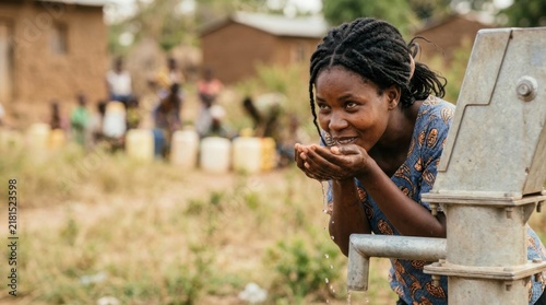 Young African Woman Drinking Fresh Water From Outdoor Tap in Village
