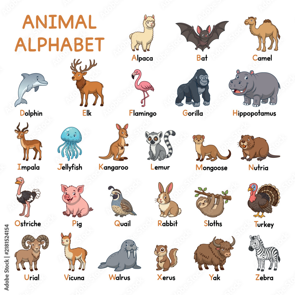 Fototapeta premium Animal alphabet educational poster with cute cartoon animals