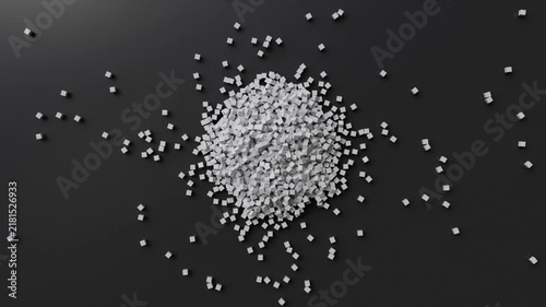 3D Animation of White Cube Collapsing and Shattering into Small Blocks on Black Surface
