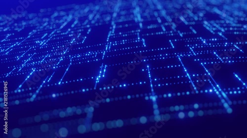 A mesmerizing abstract digital background features a dynamic, wavy grid pattern of interconnected glowing blue dots on a deep blue surface. This visually striking image represents data, technology,