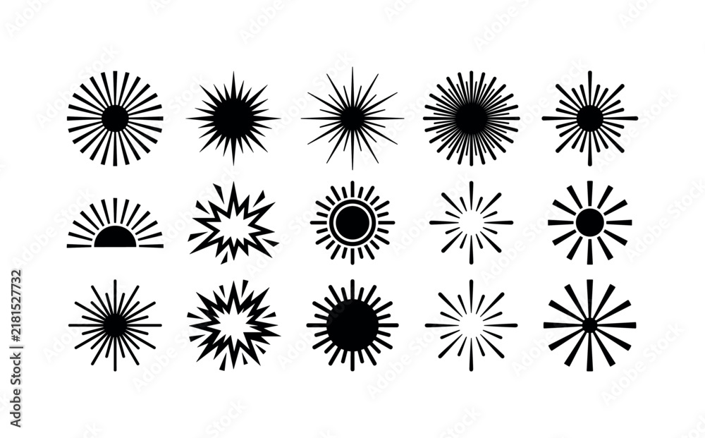 Obraz premium Vintage Sunburst Shapes, solid glyph icon set featuring circular sunburst, spiked radial burst, long-ray starburst, dense rays, short-ray burst, half sun rays, angular explosion, radiant badge, flare