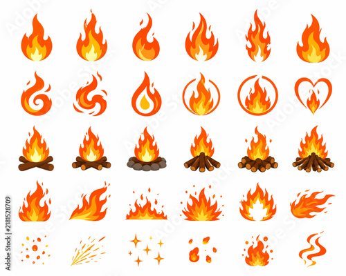 Flat fire flame icons and campfire vector illustrations collection