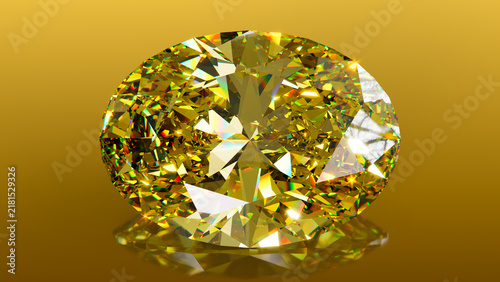 Brilliant Oval-Cut Yellow Diamond on Golden Background, A sparkling oval-cut yellow diamond with brilliant facets and reflections, displayed on a luxurious golden background