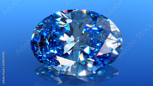 Brilliant Oval-Cut Light Blue Diamond on Blue Background, A sparkling oval-cut light blue diamond with brilliant facets and rainbow reflections on a clean blue background.  