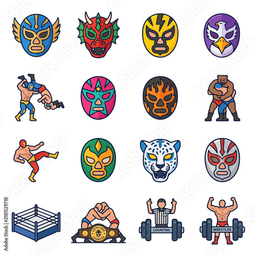 Lucha libre mexican wrestling masks and combat icon set