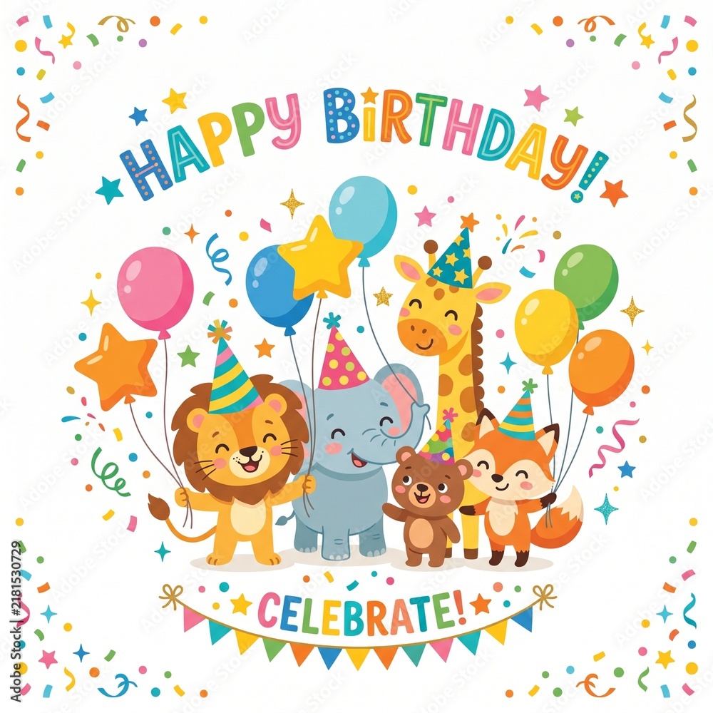 Naklejka premium Funny Animals Happy Birthday Card with Colorful Balloons, Cute Cartoon Vector Illustration for Kids Party Celebration and Festive Greeting Design