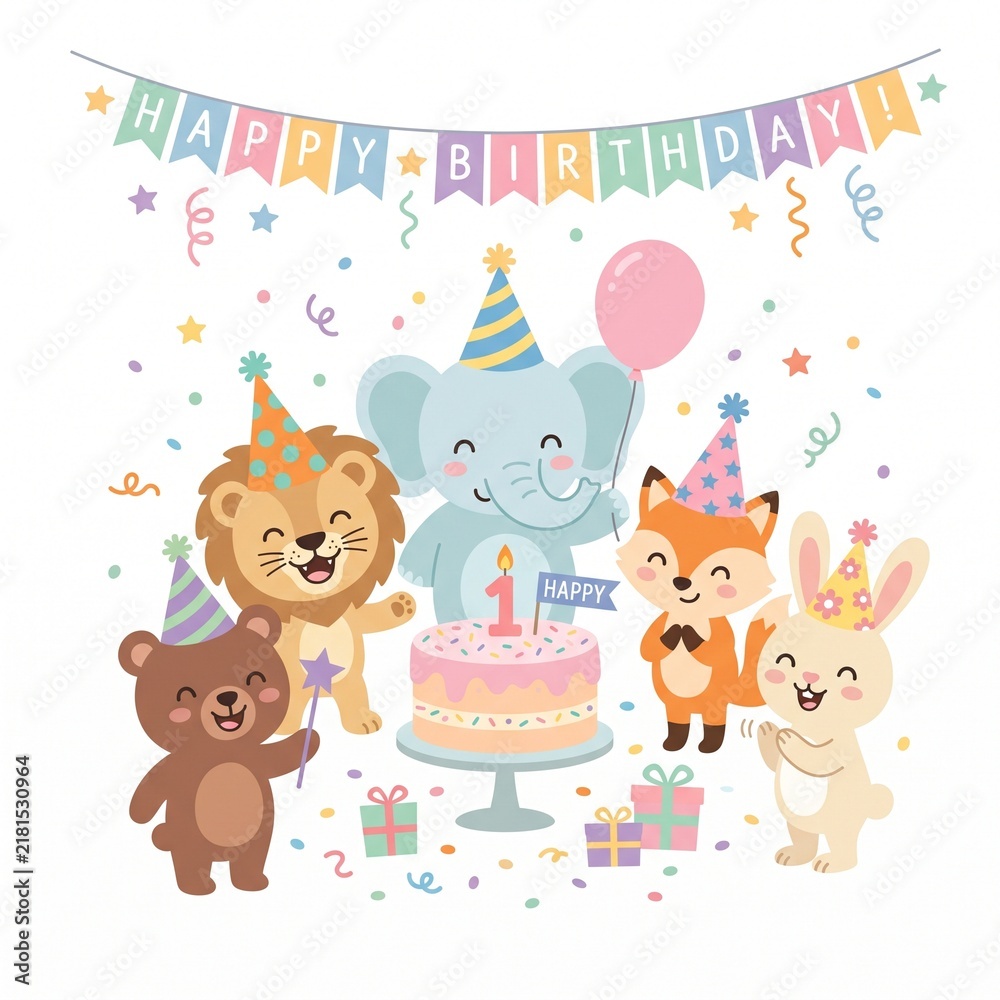 Fototapeta premium Cute Cartoon Baby Shower Card with Adorable Teddy Bear and Animal Characters, Colorful Vector Illustration for Kids Celebration, Gift, Love and Festive Party Design