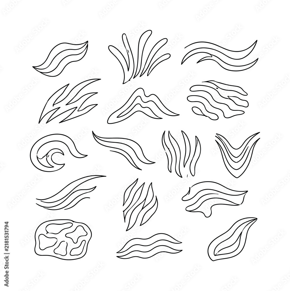 Fototapeta premium Zebra Stripe Graphic Set, one-line drawing set, 15 minimal continuous black line abstract motifs inspired by zebra stripes, safari markings, curved wildlife lines, animal skin bands and fashion stripe