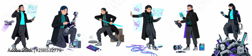 Принти на полотні Collection of futuristic character illustrations featuring a tech hero in various poses such as hacking, combat, and mechanical engineering in a cyberpunk setting