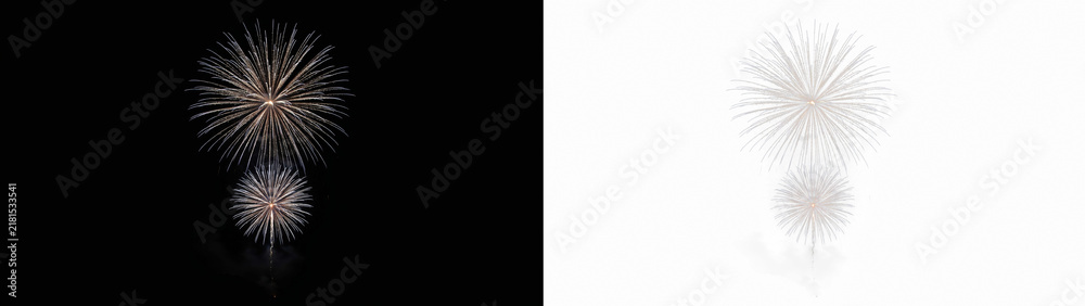 Obraz premium Two beautiful fireworks explosions in the night sky, one large and one small, creating a stunning display of light and color for celebration and festive events isolated on transparent background