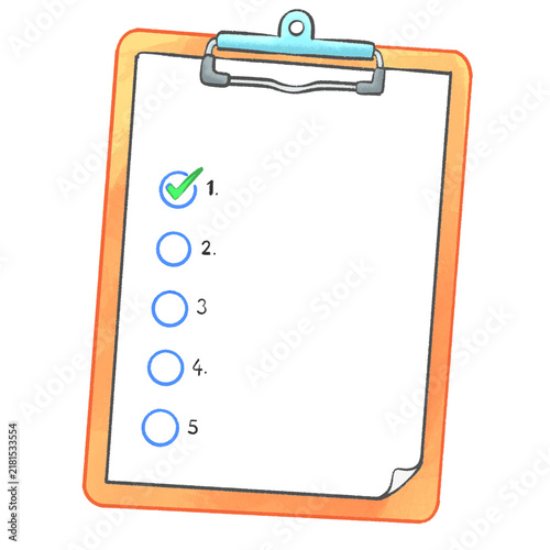 Foto Hand Drawn Clipboard with Blank Checklist Paper, Green Checkmark and Numbered Li