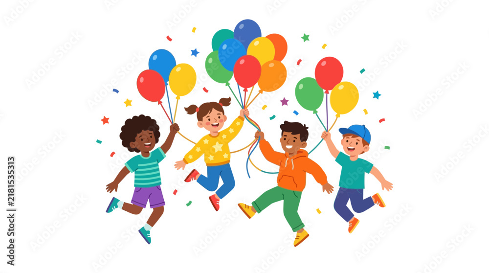 Fototapeta premium Joyful children celebrating with colorful balloons and confetti