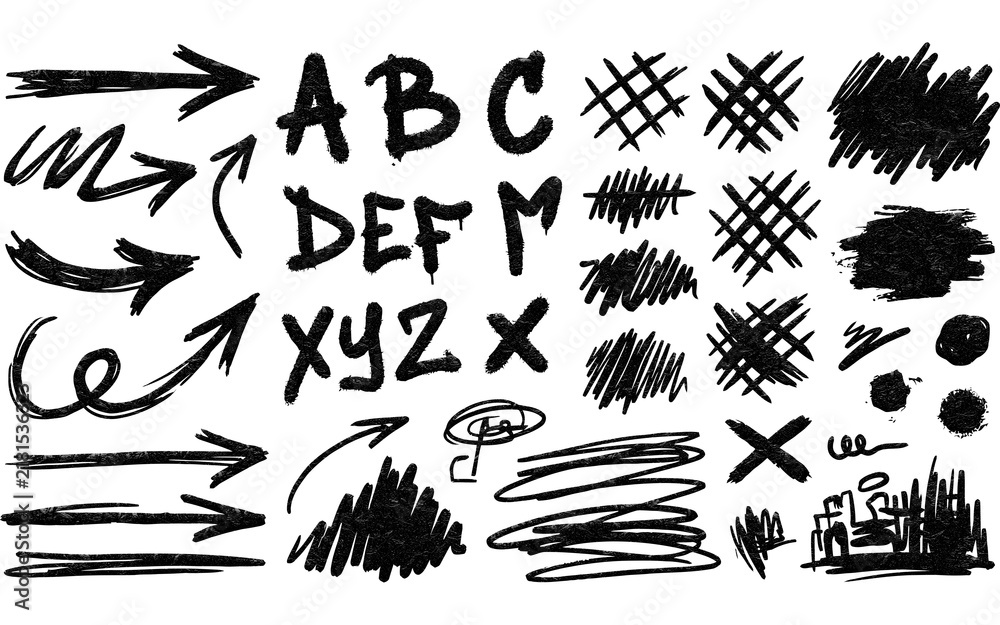 Fototapeta premium Hand drawn black ink scribbles and arrows set. Grungy charcoal alphabet letters and abstract marks. Messy marker brush strokes on white.