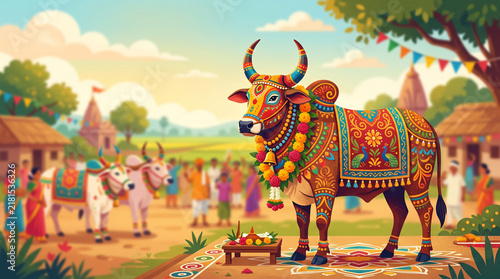 Bail Pola festival celebration with decorated bull in Indian village