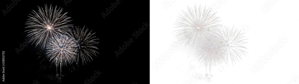 Fototapeta premium Bright white fireworks display in the night sky, festive celebration with multiple explosive bursts of light and sparks creating a beautiful pyrotechnic pattern isolated on transparent background