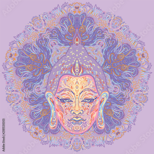 Acid Lord Buddha, ornate mandala round pattern mushroom illustration. Esoteric vintage vector illustration. Indian, Buddhism, spiritual art. Hippie tattoo, spirituality, rave party poster.