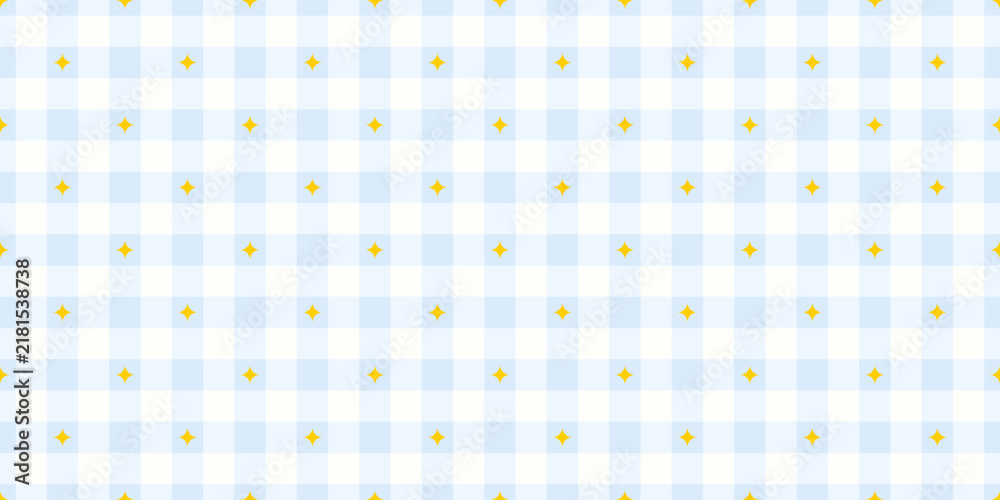 Obraz premium Pastel blue gingham seamless pattern with yellow stars. Coquette plaid background. Cozy print for tablecloth textile, picnic blanket and napkin. Soft vichy checkered pattern. Vector illustration