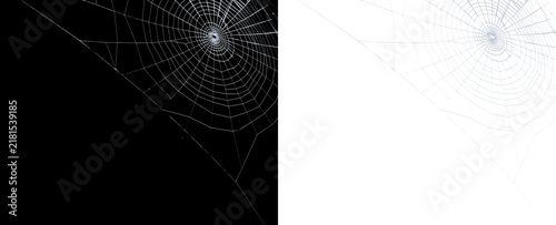 Obraz na plátne Halloween banner featuring spider web, realistic dark web, creepy frame and scary black background in PNG format