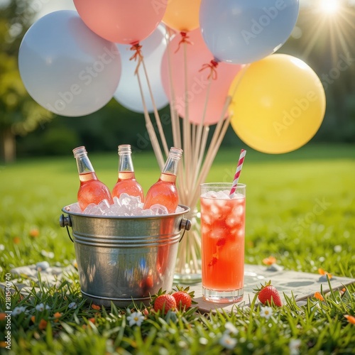 Colorful Balloons Floating Above Metal Ice Bucket With Cold Drink Bottles At Outdoor Summer Picnic