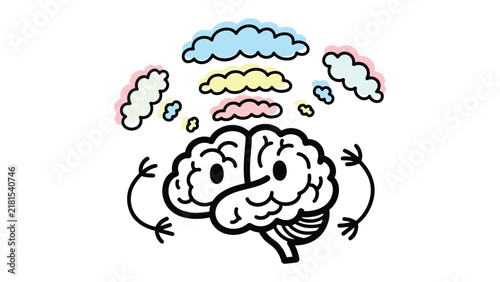 Foto Creative Brainstorming: An illustration depicts a human brain with colorful thought clouds emanating from it, symbolizing imagination, ideas, and creativity