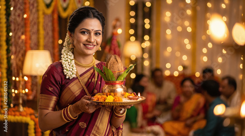 Young beautiful indian woman in traditional wear holding puja thali or oil lamp plate