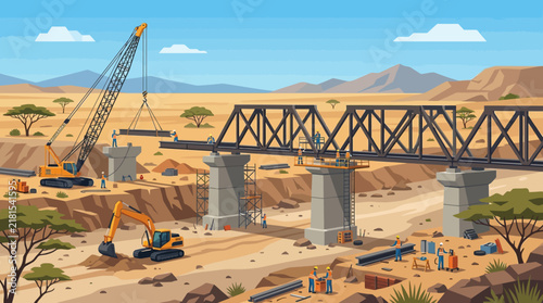 A colorful vector illustration depicting a steel truss bridge under construction across a desert canyon with heavy machinery, including a crane and excavator, under a clear blue sky.