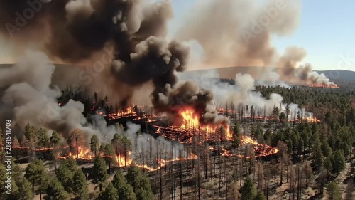 Epic photorealistic aerial documentary footage of a massive forest wildfire spreading across a mountainous landscape. Intense orange flames consume sections of dense dry forest while enormous columns 