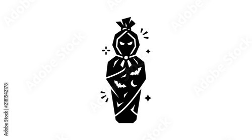Minimalist black and white vector illustration of a wrapped mummy with bats.