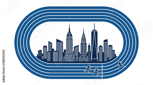 Athletic track oval surrounding New York City skyline silhouette.
