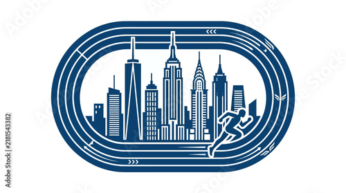 A stylized illustration of a runner on a track with the New York City skyline.