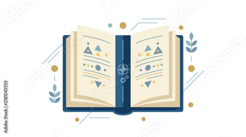 Open book with abstract geometric symbols and decorative elements.