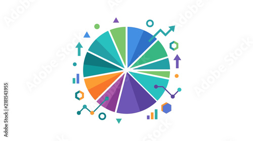 Colorful segmented pie chart infographic with business icons.