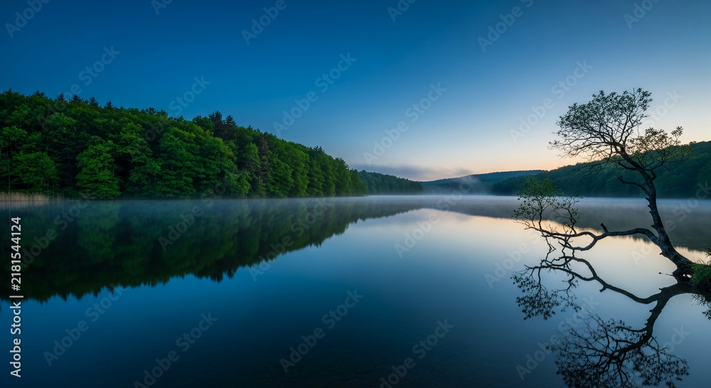 Fototapeta premium Serene lake with mist at dawn, reflecting lush forest and a gnarled tree, symbolizing peace, nature, and tranquility, ideal for calm ambiance.