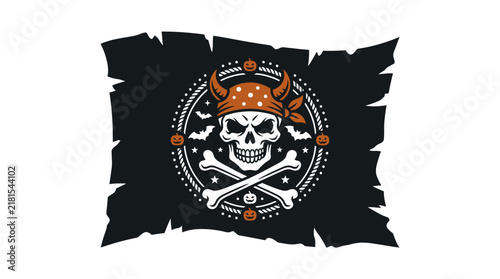Viking Pirate Skull Emblem Design on Torn Black Flag Background.