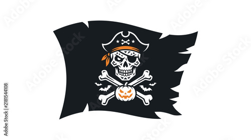 Spooky pirate skull flag with crossbones and carved pumpkin for Halloween.