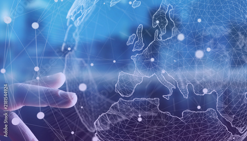 Digital world map with global network connection technology