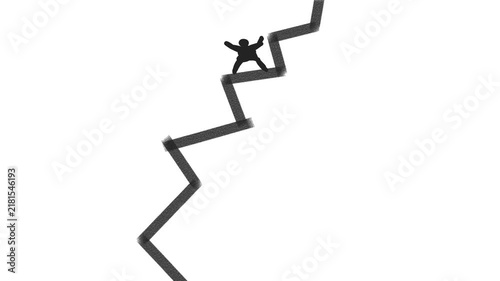 A character in the form of a small man is trying to hold on to an angular, shaking structure.