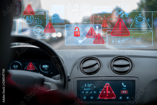 Canvas Print AI-powered autopilot displays security warnings after a hacker remotely accesses the car computer and takes control of the vehicle