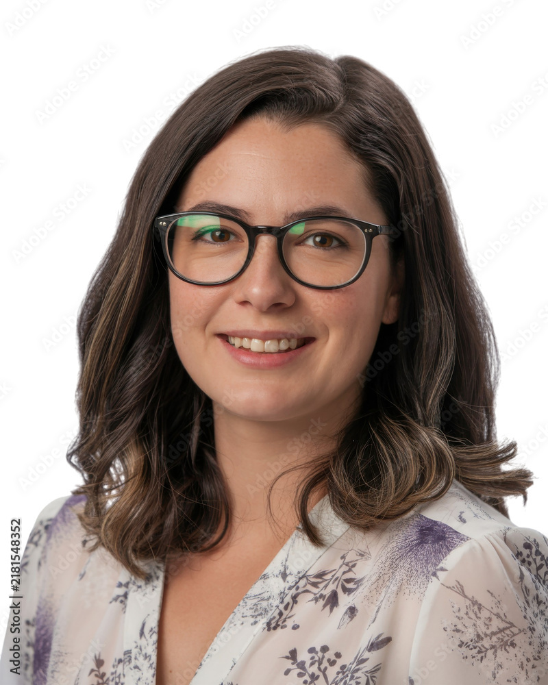 Obraz premium Smiling woman with glasses wearing a floral blouse isolated on a transparent background