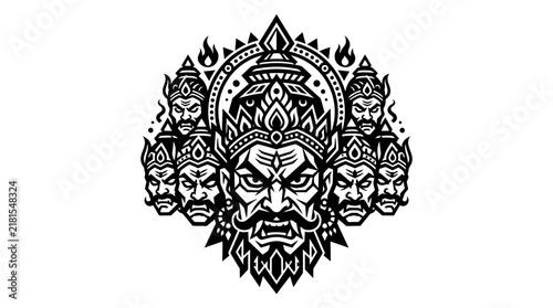 Black and white illustration of the ten headed demon king Ravana.