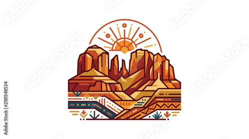 Abstract geometric vector illustration of a desert canyon landscape at sunrise.