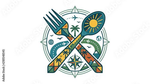 Crossed fork and spoon travel adventure emblem design.