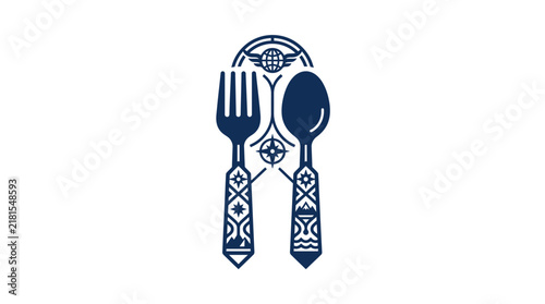 Decorative tribal style fork and spoon emblem icon.