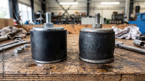 Obraz na płótnie New and Aged Rubber Vibration Mounts Showing Cracking and Deterioration