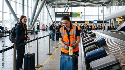 A baggage handler in a high-visibility vest sorts luggage on a conveyor belt at an airport terminal while a passenger waits nearby.