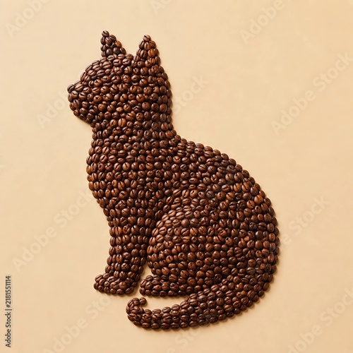 Cat Silhouette Made of Roasted Coffee Beans on Beige Background
